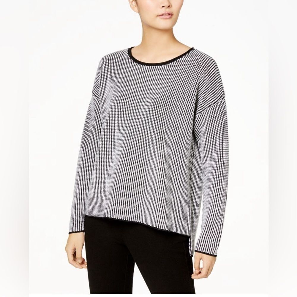 Eileen fisher black white  striped merino wool long sleeve sweater S